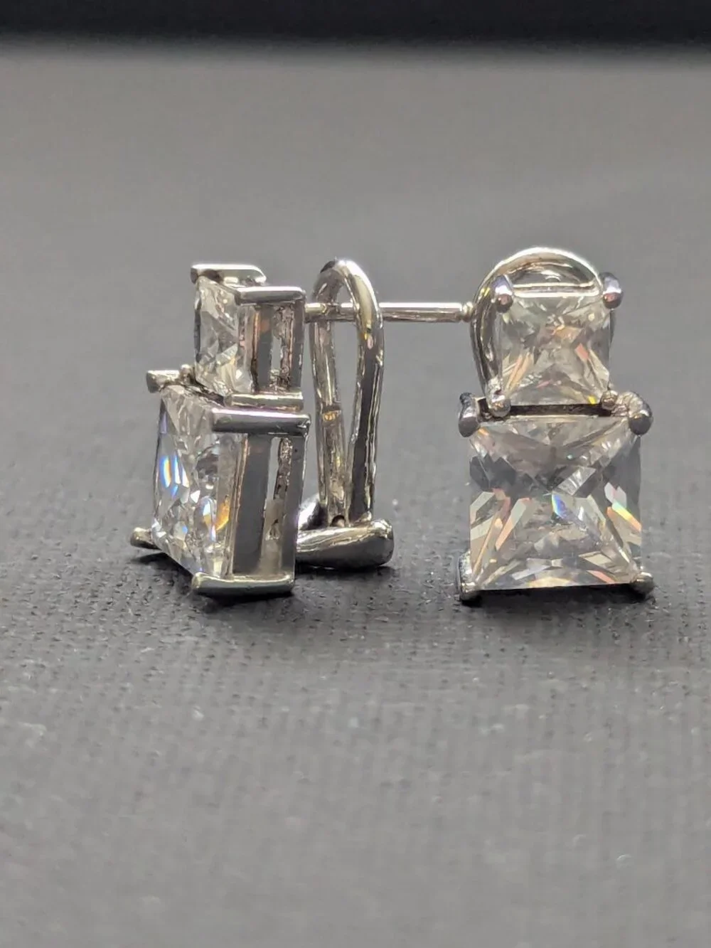 Sterling Silver Squre Cut CZ Omega Back Earrings